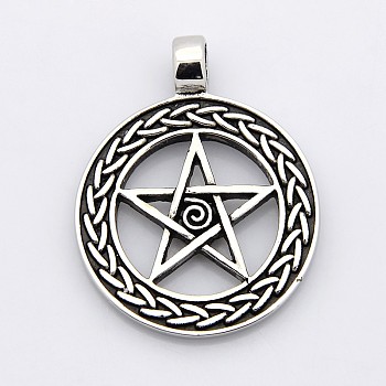 Retro Pentagram with Flat Round 304 Stainless Steel Pendants, Antique Silver, 43x34x3mm, Hole: 5mm