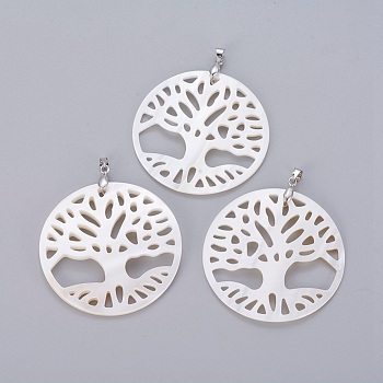 Natural White Shell Mother of Pearl Shell Pendants, with Brass Findings, Flat Round with Tree of Life, Platinum, 45~45.5x2~4.5mm, Hole: 4x4.5mm