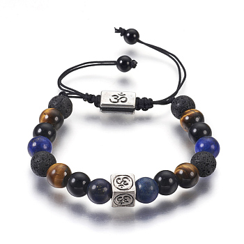 Natural Mixed Gemstone Braided Bead Bracelets, with Cowhide Cord and Alloy Findings, Square and Rectangle with Om Symbol, 1-3/4 inch~3-3/8 inch(4.6~8.5cm)