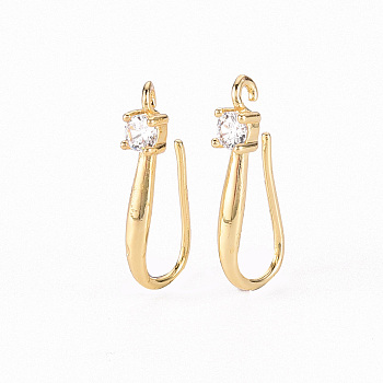 Brass Micro Pave Clear Cubic Zirconia Earring Hooks, with Horizontal Loop, Real 18K Gold Plated, 18x3mm, Hole: 1.2mm, Pin: 0.7mm