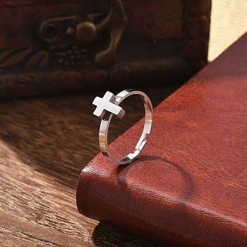 304 Stainless Steel Adjustable Rings for Women, Stainless Steel Color, Cross, Inner Diameter: 18mm, Cross: 9x7mm