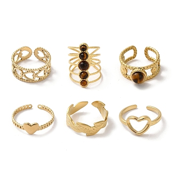 6Pcs 6 Style Leaf & Heart & Teardrop 304 Stainless Steel Open Cuff Rings Set, Natural Tiger Eye Stackable Rings, Real 18K Gold Plated, Inner Diameter: 17~18mm, 1Pc/style