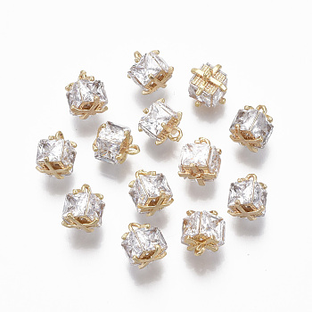 Brass Clear Cubic Zirconia Charms, Nickel Free, Cube, Real 18K Gold Plated, 9x8.5mm, Hole: 1.4mm