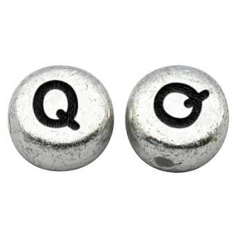 Silver Color Plated Acrylic Horizontal Hole Letter Beads, Flat Round, Letter.Q, 7x3.5mm, Hole: 1mm, about 3600pcs/500g