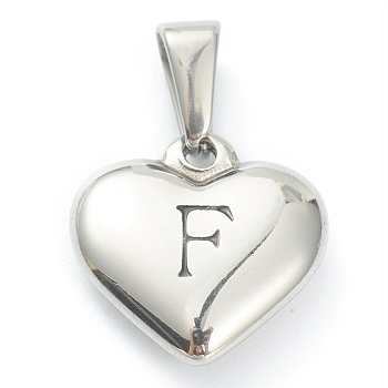 304 Stainless Steel Pendants, Heart with Black Letter, Stainless Steel Color, Letter.F, 16x16x4.5mm, Hole: 7x3mm