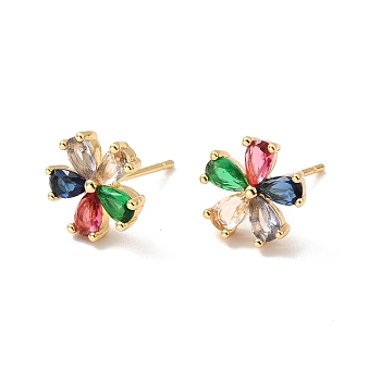 Colorful Rhinestone Flower Stud Earrings, Rack Plating Brass Jewelry for Women, Cadmium Free & Lead Free, Real 18K Gold Plated, 11x11.5mm, Pin: 0.9mm