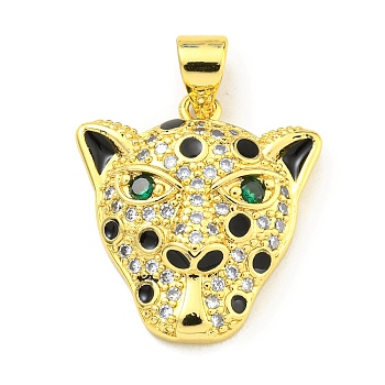 Brass Micro Pave Cubic Zirconia Pendants, Enamel Leopard Head Charms, Real 18K Gold Plated, 18.5x17.5x4mm, Hole: 4x3mm