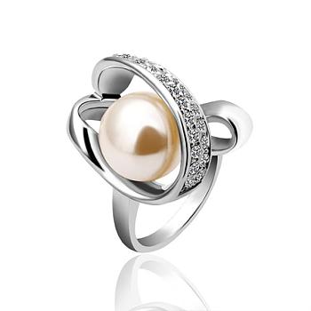 Real Platinum Plated Eco-Friendly Tin Alloy Round Imitation Pearl Finger Rings For Party, with Czech Rhinestone, US Size 8(18.1mm)