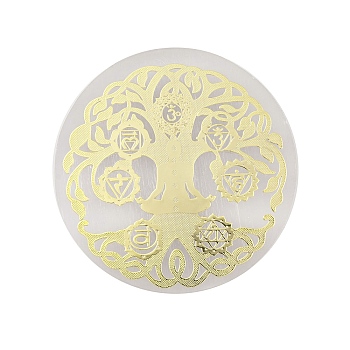 Flat Round Natural Selenite Slice Coasters, Reiki Stone for Chakra Balance, Crystal Healing , Tree of Life, 59.5~64x6.5~8mm