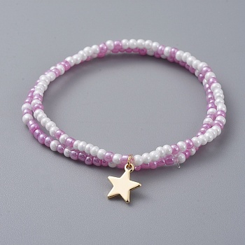 Glass Seed Beaded Kids Stretch Bracelets, Stackable Bracelets, with Star Brass Charms, Lilac, 2 inch(5cm), 2pcs/set