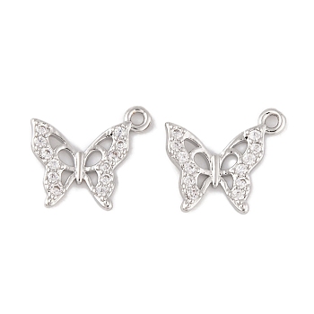 Brass Micro Pave Clear Cubic Zirconia Pendants, Long-Lasting Plated, Butterfly Charms, Platinum, 16.5x13.5x2.5mm, Hole: 1mm