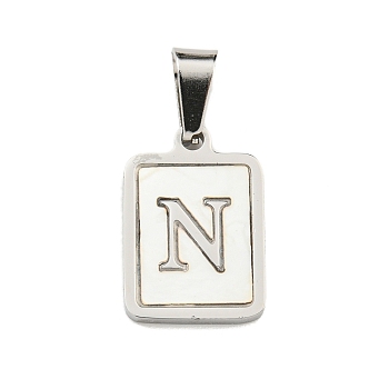 304 Stainless Steel Pave Natural White Shell Pendants, Rectangle with Letter Charms, Stainless Steel Color, Letter N, 17.5x12x1.5mm, Hole: 6x3mm