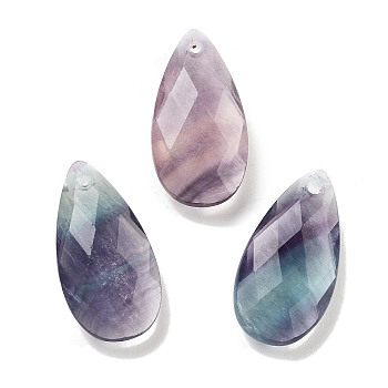 Natural Fluorite Pendants, Faceted Teardrop Charms, 24x12.5x6mm, Hole: 1.2mm