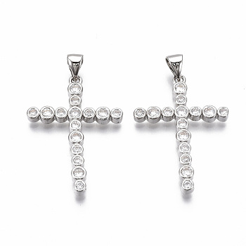 Brass Micro Pave Clear Cubic Zirconia Pendants, Nickel Free, Cross, Real Platinum Plated, 30x21x2.5mm, Hole: 3mm