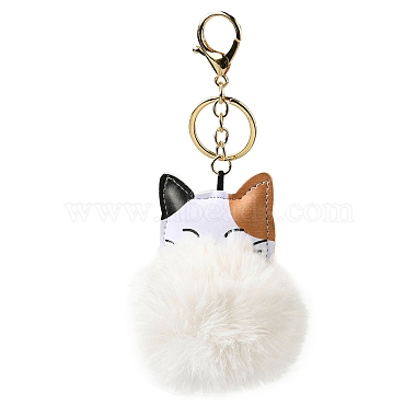 Imitation Rex Rabbit Fur Ball & PU Leather Cat Pendant Keychain(KEYC-K018-05KCG-01)-2