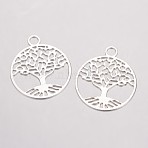 Brass Filigree Pendants, Flat Round with Tree of Life, Silver Color Plated, 23.5x20x0.5mm, Hole: 3mm(X-KK-D522-09S)
