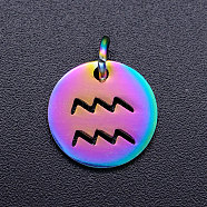 Rainbow Color Ion Plating(IP) 201 Stainless Steel Charms, with Jump Rings, Flat Round with Constellation/Zodiac Sign, Aquarius, 12x1mm, Jump Ring: 5x0.8mm, Inner Diameter: 3mm(STAS-Q201-JN166-11)