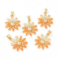 Real 18K Gold Plated Brass Micro Pave Cubic Zirconia Pendants, with Enamel, Long-Lasting Plated, Flower, Orange, 22.5x19.5x3.5mm, Hole: 3.5x4mm(ZIRC-L100-087G-08)