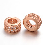 Brass Micro Pave Cubic Zirconia Beads, Large Hole Rondelle Beads, Lead Free & Nickel Free, Clear, Rose Gold, 8.5x4mm, Hole: 4.5mm(ZIRC-L037-16RG-FF)
