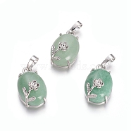 Natural Green Aventurine Pendants, with Platinum Tone Brass Findings, Oval with Flower, 22x13.8x10.3mm, Hole: 6x3.5mm(G-L512-I20)