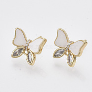 Brass Micro Pave Clear Cubic Zirconia Stud Earring Findings, with Enamel and Loop, Nickel Free, Butterfly, Real 18K Gold Plated, 11.5x13.5mm, Hole: 1.2mm, Pin: 0.8mm(X-KK-T054-41G-NF)