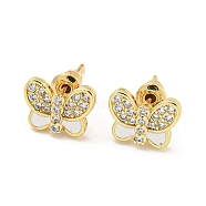 Butterfly Real 18K Gold Plated Brass Stud Earrings, with Enamel and Clear Cubic Zirconia, White, 8.5x11.5mm(EJEW-L269-094G-02)