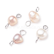 Natural Freshwater Pearl Connector Charms, with 304 Stainless Steel Loops, Nuggets, Seashell Color, 14x6~7.5x3.5~5mm, Hole: 1.5~2.5mm(PALLOY-JF01404-01)