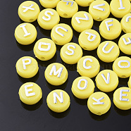 Plating Opaque Acrylic Beads, Metal Enlaced, Horizontal Hole, Flat Round with Letter, Yellow, 10x6mm, Hole: 1.8mm, about 1580pcs/500g(MACR-T032-02G)