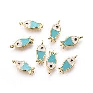 Brass Enamel Links, Long-Lasting Plated, Fish, Turquoise, Real 18K Gold Plated, 15x6x2mm, Hole: 1mm(KK-F783-15G)