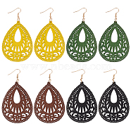 4 Pairs 4Colors Wood Dangle Earrings for Women, Hollow Teardrop, Mixed Color, 92x49mm, 1 Pair/color(EJEW-AN0003-93)