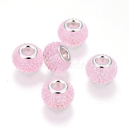 Resin Rhinestone European Beads, with Silver Color Plated Brass Cores, Large Hole Beads, Rondelle, Berry Beads, Pearl Pink, 14x10mm, Hole: 5mm(RPDL-L004-10)
