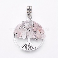 Alloy European Dangle Charms, with Natural Rose Quartz Chips, Flat Round with Tree, Antique Silver, 38mm, Hole: 4mm, 28x25x4~5mm(PALLOY-JF00355-03)