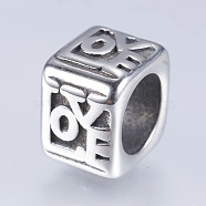 304 Stainless Steel Beads, Cuboid with Word LOVE, Antique Silver, 10x7x10mm, Hole: 6.5mm(STAS-I072-065AS)