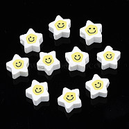 Handmade Polymer Clay Beads, Star with Smiling Face, White, 7.5~9x8.5~9x3.5~4mm, Hole: 1.6mm(CLAY-N011-45A-10)