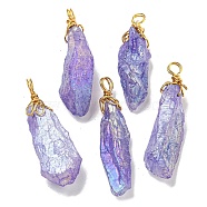 Electroplated Raw Rough Natural Quartz Crystal Big Pendants, Nuggets Charms with Copper Wire Loops, Golden, Lilac, 40~48x13~23x10~20mm, Hole: 4.5~5mm(G-A229-02G-06)