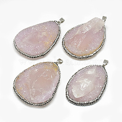 Natural Rose Quartz Big Pendants, with Rhinestone and Brass Findings, Nuggets, Platinum, 50~62x30~42x12~23mm, Hole: 6.5x3.5mm(G-S334-024B)