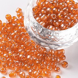 Glass Seed Beads, Trans. Colours Lustered, Round, Dark Orange, 4mm, Hole: 1.5mm, about 500pcs/50g, 50g/bag, 18bags/2pounds(SEED-US0003-4mm-109B)