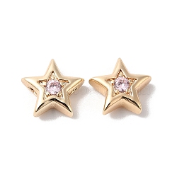 Brass with Cubic Zirconia Beads Beads, Real 18K Gold Plated, Star, Lavender, 7.5x8x3mm, Hole: 1mm(KK-K333-29G-02)