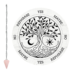 1Pc Cone/Spike/Pendulum Natural Rose Quartz Stone Pendants, 1Pc 304 Stainless Steel Cable Chain Necklaces, 1Pc PVC Custom Pendulum Board, Dowsing Divination Board, Tree of Life Pattern(DIY-CP0007-71C)