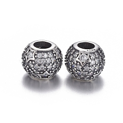 925 Sterling Silver European Beads, Large Hole Beads, with Cubic Zirconia, Carved with 925, Rondelle with Star, Thai Sterling Silver Plated, 10x8.5mm, Hole: 4.5mm(OPDL-L017-015TAS)