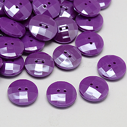 Taiwan Acrylic Buttons, Pearl Luster, Faceted, 2-Hole, Flat Round, Purple, 15x5mm, Hole: 1mm(BUTT-F022-15mm-C14)