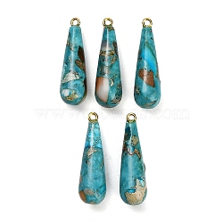 Dyed Synthetic Imperial Jasper Pendants, with Brass Findings, Teardrop Charms, Golden, Turquoise, 33.5~34x10mm, Hole: 1.8mm(GG-CBAA20A-11G-02)