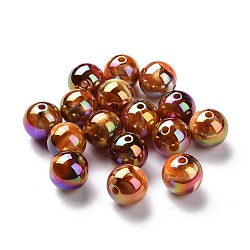 UV Plating Rainbow Iridescent Acrylic Beads, with Gold Foil, Round, Sienna, 15mm, Hole: 2.5mm(PACR-H003-22)