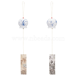 BENECREAT 2Pcs 2 Styles Round Handmade Porcelain Wind Chimes, with Polyester Cord & Paper, Blue, 520x70mm, 1pcs/styles(HJEW-BC0001-13)