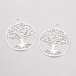 Brass Filigree Pendants, Flat Round with Tree of Life, Silver Color Plated, 23.5x20x0.5mm, Hole: 3mm(X-KK-D522-09S)