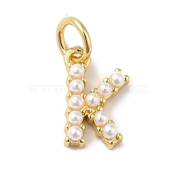 Rack Plating Brass with ABS Plastic Imitation Pearl Charms, Long-Lasting Plated, Lead Free & Cadmium Free, Real 18K Gold Plated, Letter K, 10.5x6.5x3mm, Hole: 3mm(KK-B092-30K-G)