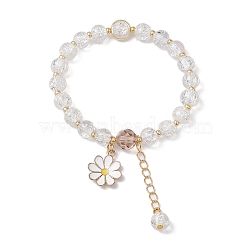 8mm Round Spray Painted Crackle Glass Beaded Stretch Bracelets, Imitation Austrian Crystal & Alloy Enamel Flower Charm Bracelets for Woman, Clear, Inner Diameter: 2-1/2 inch(6.4cm)(BJEW-JB10534-01)