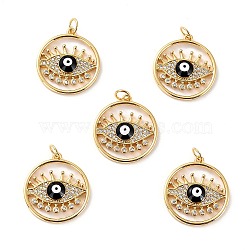 Brass Micro Pave Cubic Zirconia Pendants, with Enamel, Long-Lasting Plated, Cadmium Free & Lead Free, Real 18K Gold Plated, Flat Round with Evil Eye, Black, 22x20x3mm, Hole: 3.6mm(ZIRC-P092-028G-02-RS)
