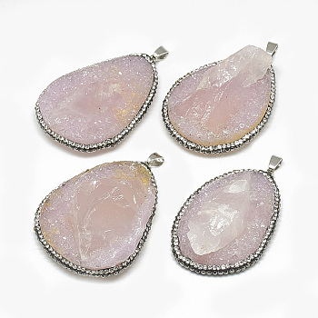 Natural Rose Quartz Big Pendants, with Rhinestone and Brass Findings, Nuggets, Platinum, 50~62x30~42x12~23mm, Hole: 6.5x3.5mm