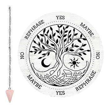 1Pc Cone/Spike/Pendulum Natural Rose Quartz Stone Pendants, 1Pc 304 Stainless Steel Cable Chain Necklaces, 1Pc PVC Custom Pendulum Board, Dowsing Divination Board, Tree of Life Pattern
